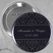 Black Damask Wedding Personalized Button Pin, 2.25