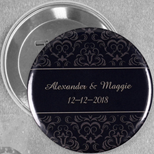 Black Damask Wedding Personalized Button Pin, 3