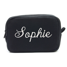 Embroidered Name Black Cotton Waffle Weave Makeup Bag
