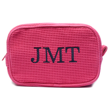 Embroidered Three Initial Fuchsia Cotton Waffle Weave Makeup Bag