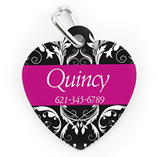 Custom Printed Fuchsia Floral Heart Shaped Dog Or Cat Tag