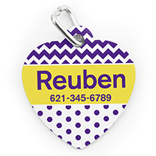 Custom Printed Purple Chevron Polka, Heart Shaped Dog Or Cat Tag