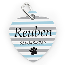 Custom Printed Aqua Stripe Paw, Heart Shaped Dog Or Cat Tag