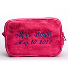 Two Text Line Embroidered Cotton Waffle Cosmetic Bag, Pink