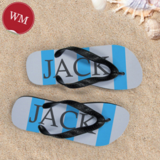 Blue Grey Stripe Personalized Flip Flops, Women Medium