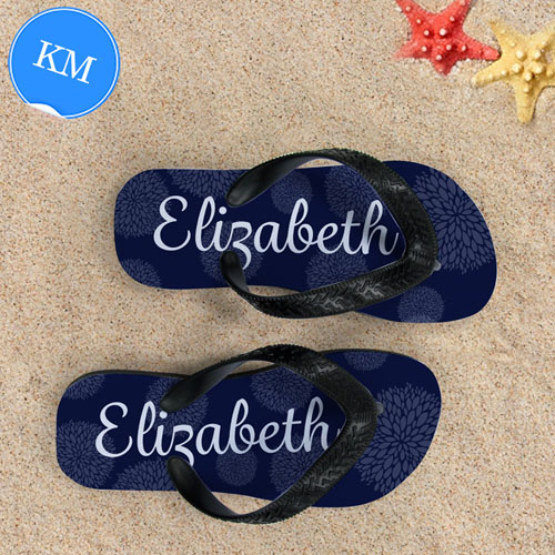 Navy Floral Personalized Flip Flops, Kid Medium