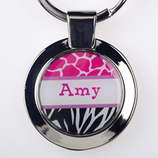 Fuchsia Black Animal Print Personalized Round Metal Keychain (Small)