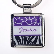 Lavender Black Animal Print Personalized Square Metal Keychain (Small)
