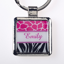 Fuchsia Black Animal Print Personalized Square Metal Keychain (Small)