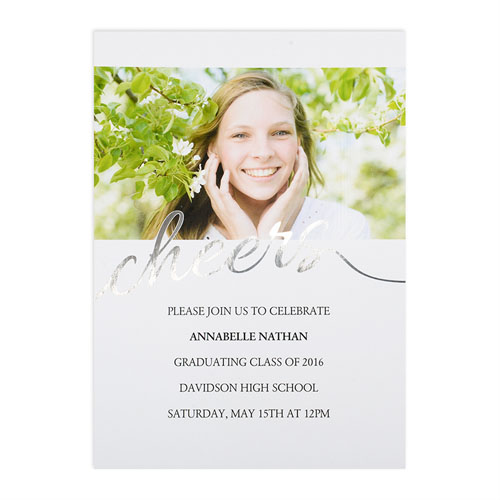 Foil Silver Cheers Personalized Photo Graduation Announcement, 5X7 Cards
