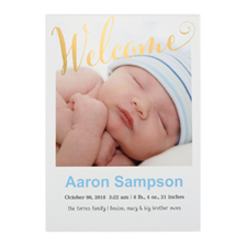 Welcome Foil Gold Personalized Photo Birth Announcement, 5X7 Cards