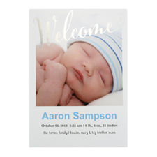 Welcome Foil Silver Personalized Photo Birth Announcement, 5X7 Cards