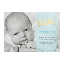 Script Hello Foil Gold Personalized Photo Boy Birth Announcement, 5X7 Cards