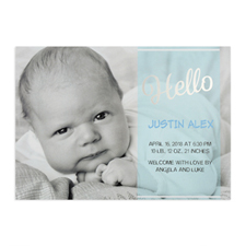 Script Hello Foil Silver Personalized Photo Boy Birth Announcement, 5X7 Cards