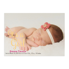 It's A Girl Foil Gold Personalized Photo Birth Announcement, 5X7 Cards