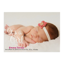 It's A Girl Foil Silver Personalized Photo Birth Announcement, 5X7 Cards