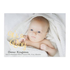 It's A Boy Foil Gold Personalized Photo Birth Announcement, 5X7 Cards