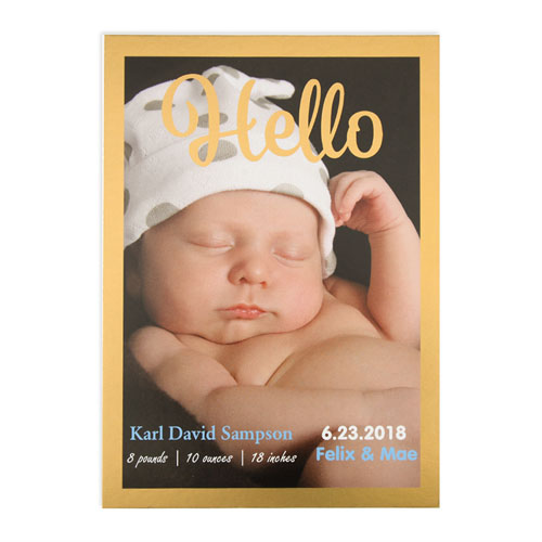 Hello Foil Gold Frame Personalized Photo Birth Announcement, 5X7 Cards