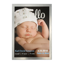 Hello Foil Silver Frame Personalized Photo Birth Announcement, 5X7 Cards