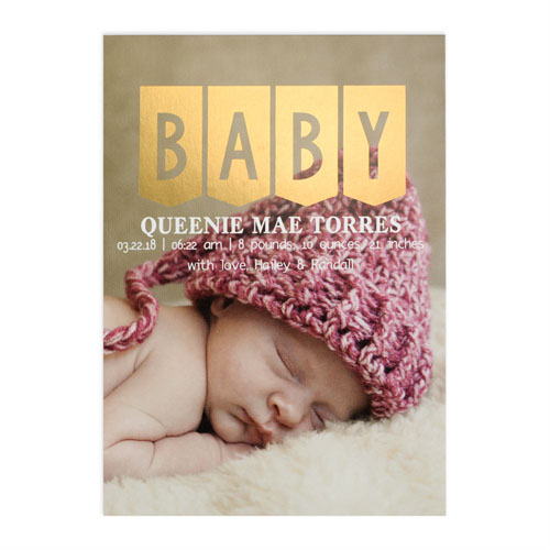 Baby Gold Foil Personalized Photo Birth Announcement Card, 5x7
