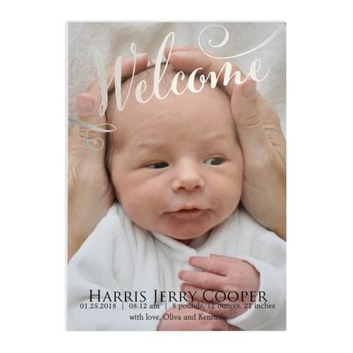 Welcome Foil Silver Photo Birth Announcement, 5X7 Cards