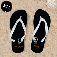 Black Wedding Ring Personalized Flip Flops White Straps, Men Medium