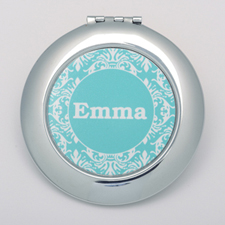 Teal Damask Personalized Round Compact Mirror