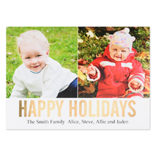 Gold Foil Personalized Two Collage Photo Happy Holidays Flat Card, 5X7