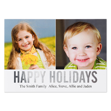 Silver Foil Personalized Two Collage Photo Happy Holidays Flat Card, 5X7