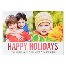 Red Foil Personalized Two Collage Photo Happy Holidays Flat Card, 5X7