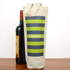 Navy Lime Stripe Personalized Cotton Wine Tote Bag