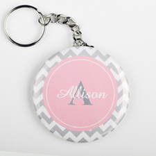 Grey Pink Chevron Personalized Button Keychain