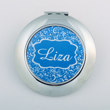 Blue Damask Personalized Round Compact Mirror