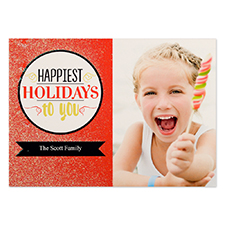 Red Happiest Holidays Red Glitter Personalized Photo Christmas Card 5x7