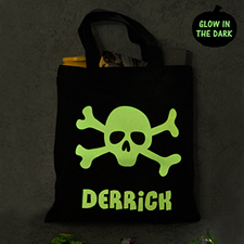 Skull Personalized Glow In The Dark Halloween Tote Treat Bag Black