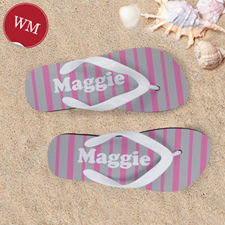 Pink Grey Stripe Personalized Flip Flops, Women Medium