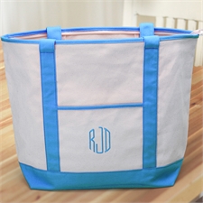 3 Initials Large Embroidered Canvas Tote Bag, Aqua