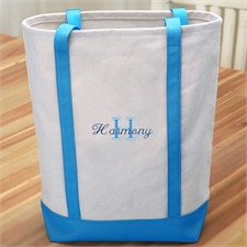 Name & Initial #1 Personalized Lime Aqua Canvas Tote Bag (Medium)