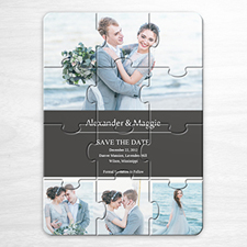 Custom Save The Date Puzzle Invitation, Grey 4 Photo Collage Invitation Puzzle
