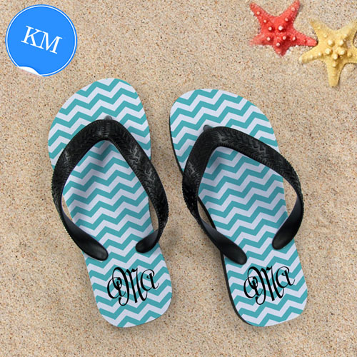Design My Own Aqua Chevron Pattern With Personalized Name, Kid's Medium Flip Flops