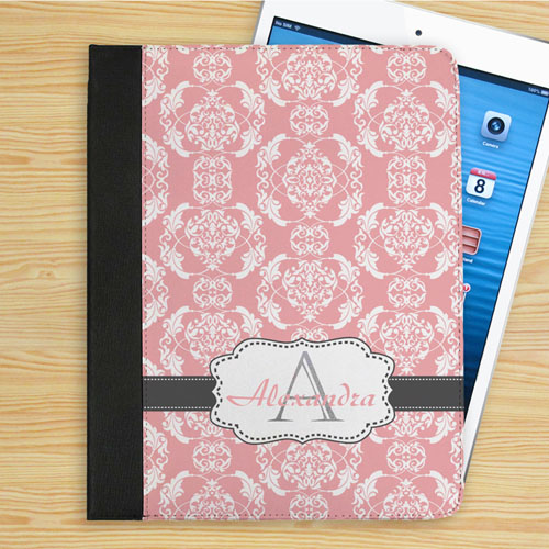 Personalized Elegant Pink And Grey Damask Monogrammed Folio Case